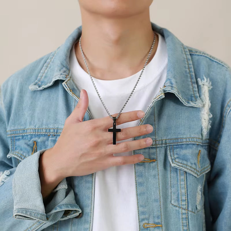 Simple Plain Cross Prayer Pendant Necklaces for Men, anti Allergy Stainless Steel Religious Faith Collar Jewelry